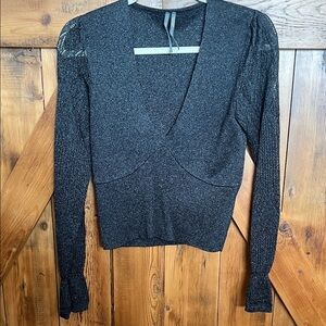 Anthropologie Black Textured Knit Sparkly Deep V Top